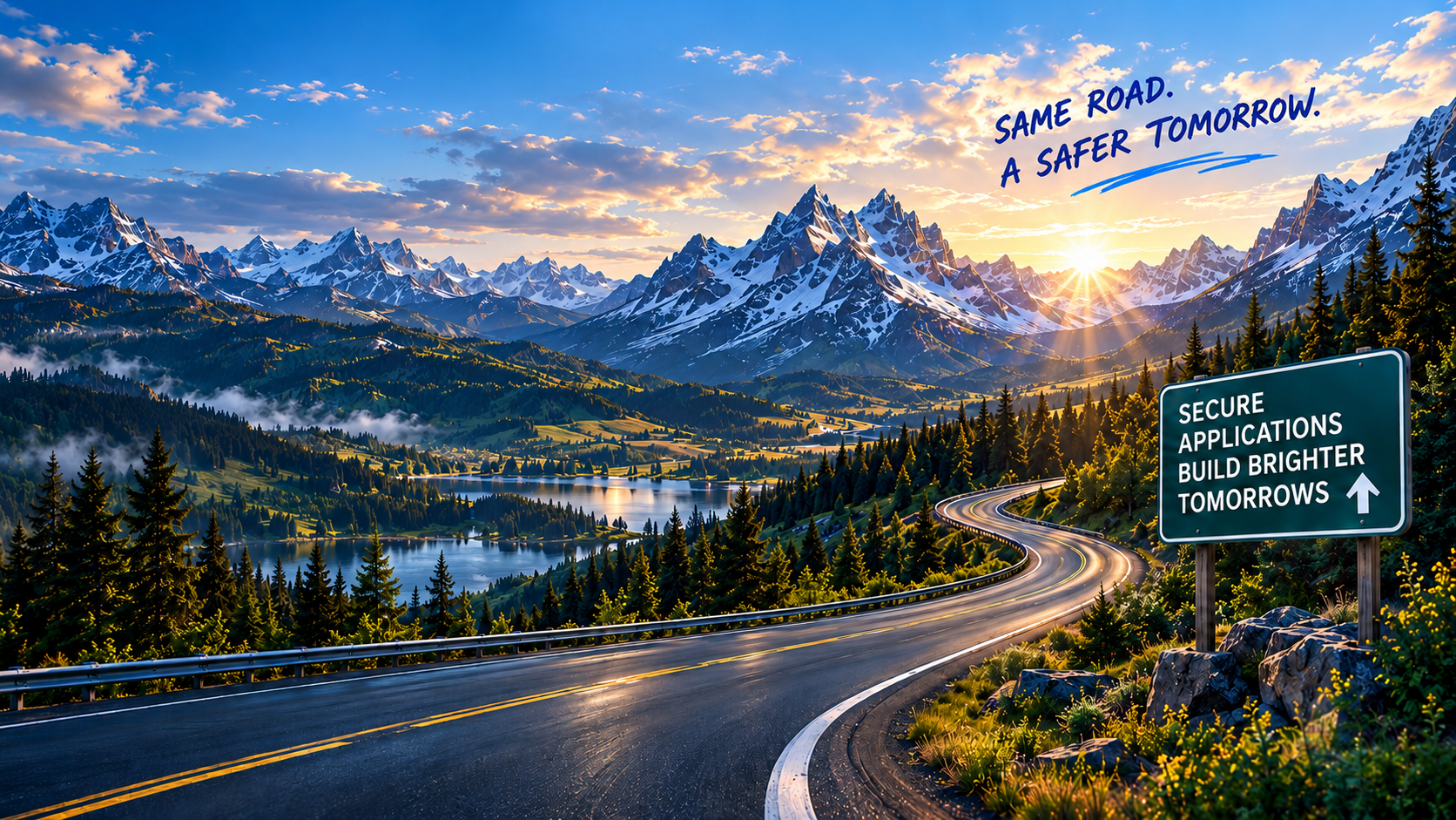 A winding road climbing through mountains at sunrise, with a green highway sign reading SECURE APPLICATIONS BUILD BRIGHTER TOMORROWS.