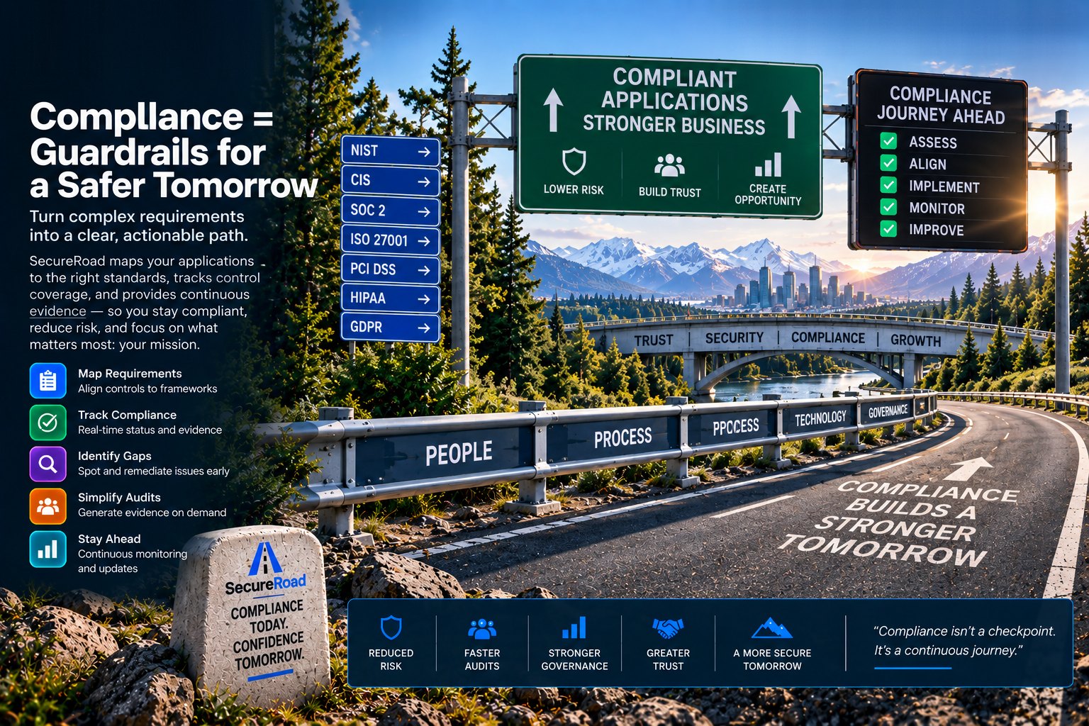 Compliance = Guardrails for a Safer Tomorrow. Turn complex requirements into a clear, actionable path: map requirements, track compliance, identify gaps, simplify audits and stay ahead. A mountain highway with framework signs, a sign reading Compliant applications, stronger business, a Compliance journey ahead checklist of assess, align, implement, monitor and improve, and guardrails labelled people, process, technology and governance.